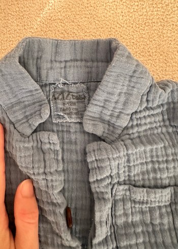 Aziz Bebe Mavi müslin Bebek Takımı Düğmeli Kısa Kollu