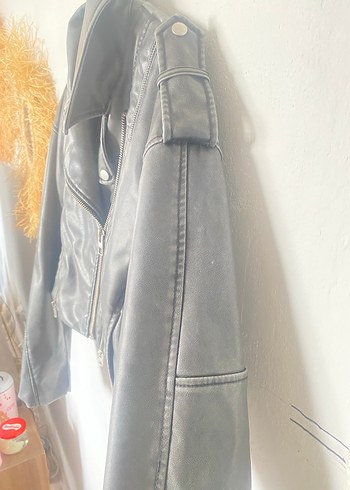 Gri Deri Kadın Biker Ceket - Görsel 4