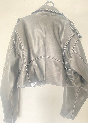 Gri Deri Kadın Biker Ceket - Görsel 5