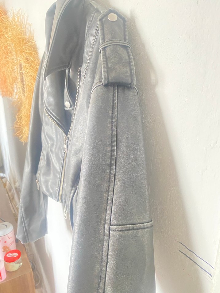 Gri Deri Kadın Biker Ceket - Görsel 4