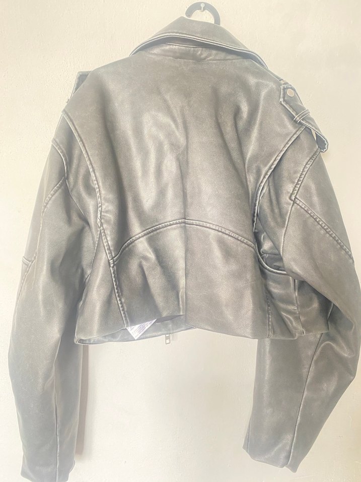 Gri Deri Kadın Biker Ceket - Görsel 5