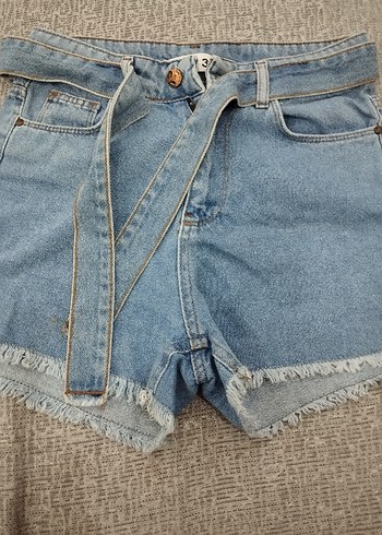 Kadın Mavi Kot Mini Şort Kemerli - Görsel 4