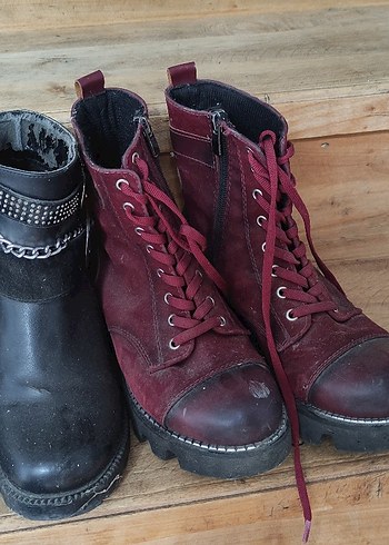 Bordo Deri Yüksek Topuklu Bağcıklı Bot