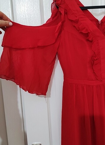 Trendyolmilla kırmızı omuz dekolteli abiye elbise - Görsel 5