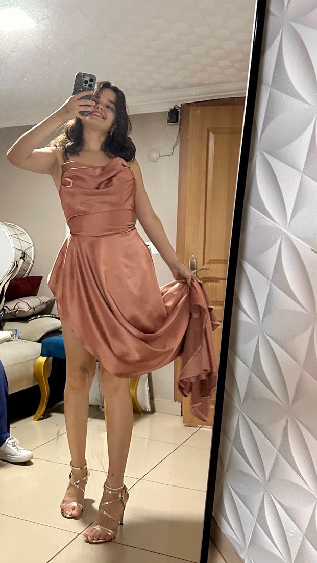 Pembe Saten Uzun Drapeli Straplez Abiye Elbise - Görsel 2