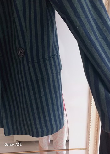 Düğmeli Lacivert Çizgili Kadın Blazer Ceket - Görsel 2