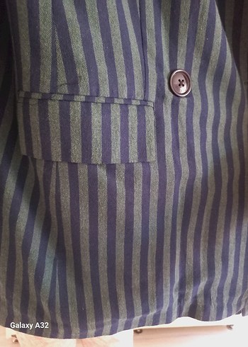Düğmeli Lacivert Çizgili Kadın Blazer Ceket - Görsel 4