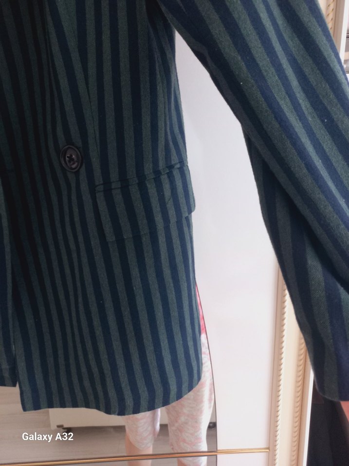 Düğmeli Lacivert Çizgili Kadın Blazer Ceket - Görsel 2