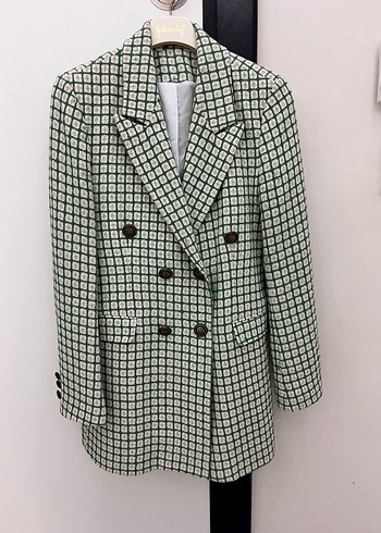 Düğmeli Kareli Midi Kadın Blazer Ceket