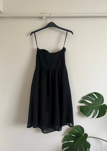 Üstü Payetli Altı Tül Siyah Mini Straplez Elbise - Görsel 2