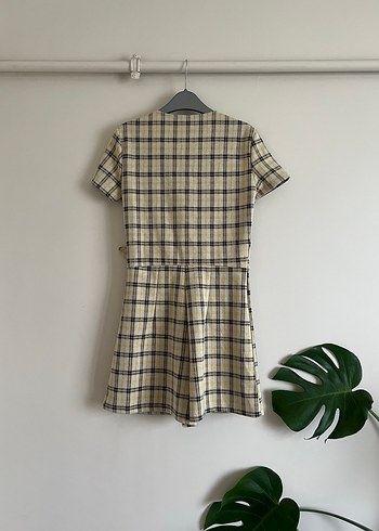 Sarı Kahverengi Kare Desenli Kısa Tulum - Görsel 2