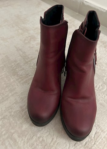 Zara Bordo Deri Kadın Dolgu Topuklu Bot
