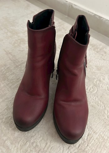 Bordo Deri Kadın Dolgu Topuklu Bot