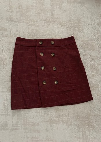 s Beden Düğmeli Bordo Mini Etek