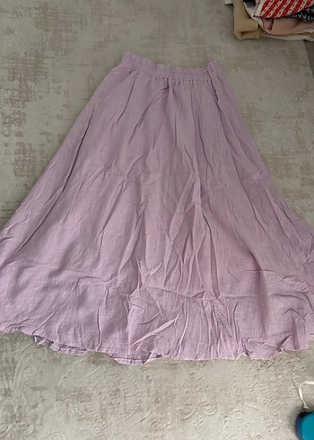 m Beden Pembe Uzun Keten Etek, Fırfırlı, Bol Kesim