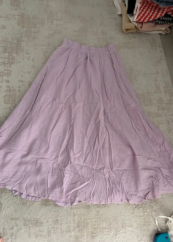 Pembe Uzun Keten Etek, Fırfırlı, Bol Kesim