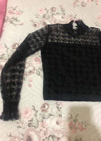 s Beden siyah Renk Dantel Detaylı Siyah Uzun Kollu Bluz