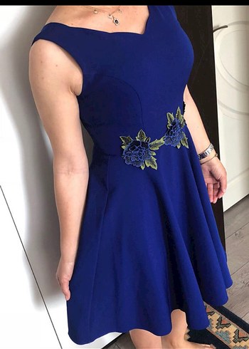 Etnik Desenli Mavi Straplez Midi Elbise - Görsel 13