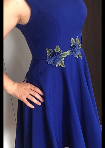 Etnik Desenli Mavi Straplez Midi Elbise - Görsel 9