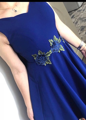 Etnik Desenli Mavi Straplez Midi Elbise - Görsel 11