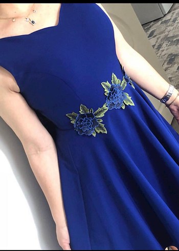 Etnik Desenli Mavi Straplez Midi Elbise - Görsel 10