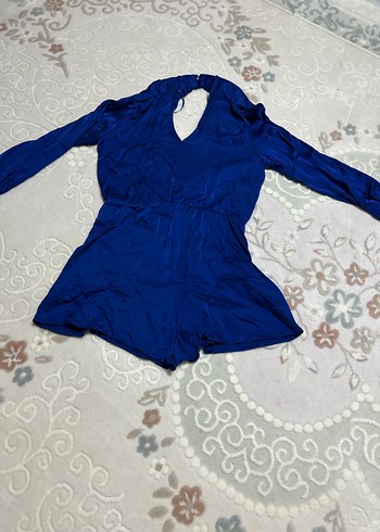 Uzun Kollu V Yaka Mini Mavi Tulum - Görsel 2