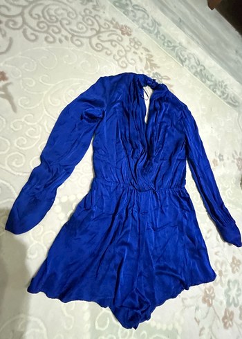 Uzun Kollu V Yaka Mini Mavi Tulum - Görsel 4