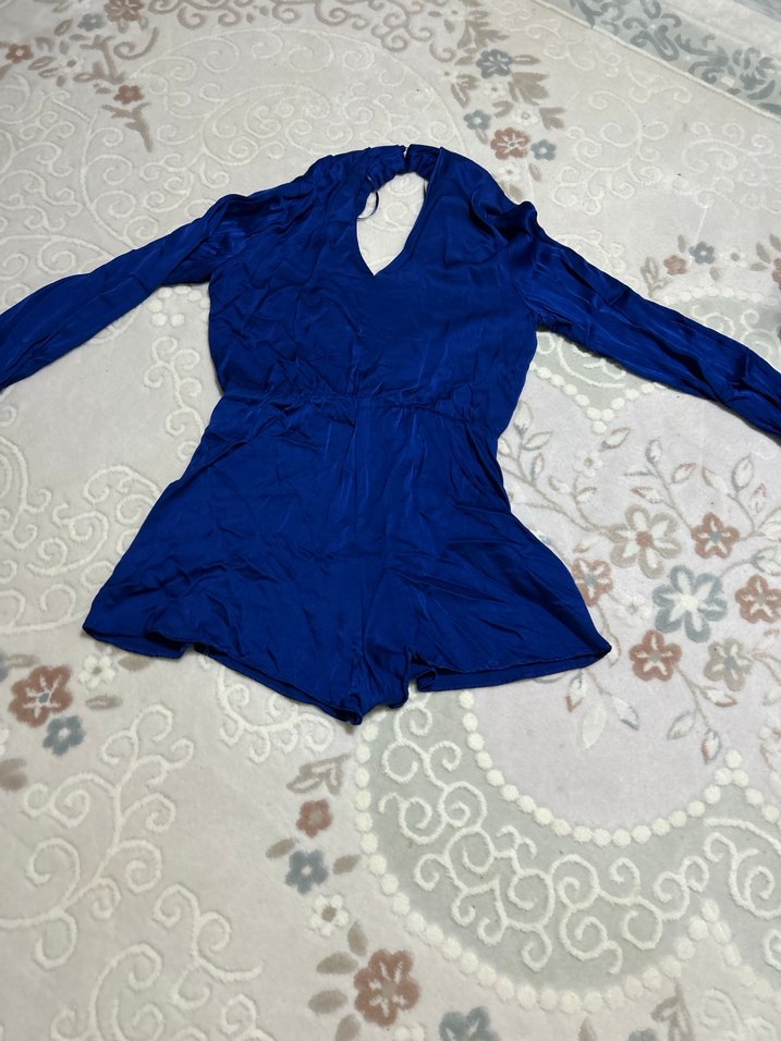 Uzun Kollu V Yaka Mini Mavi Tulum - Görsel 2