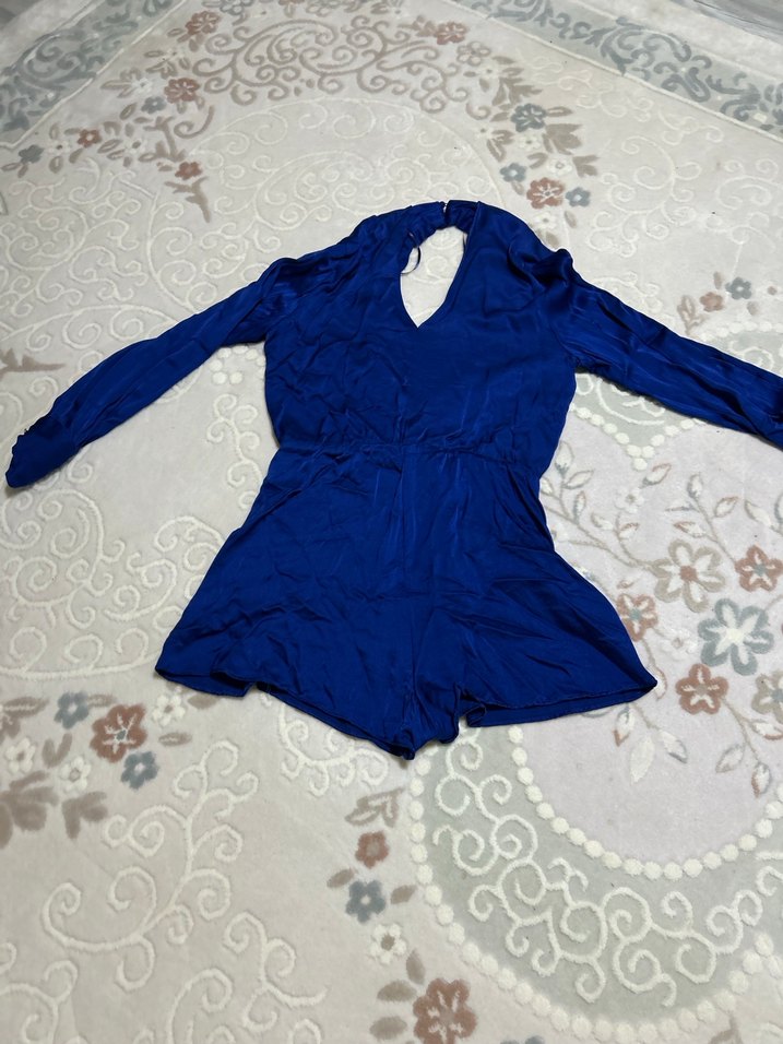 Uzun Kollu V Yaka Mini Mavi Tulum - Görsel 3