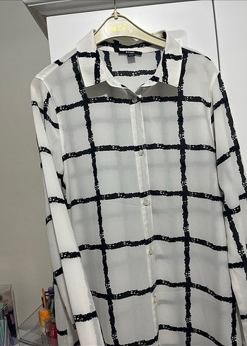 Beyaz Gri Ekose Desenli Uzun Tunik - Görsel 2