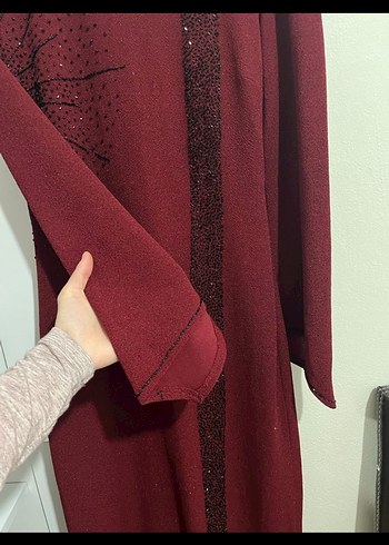 Bordo Uzun Kol Nakışlı Kadın Elbise - Görsel 4