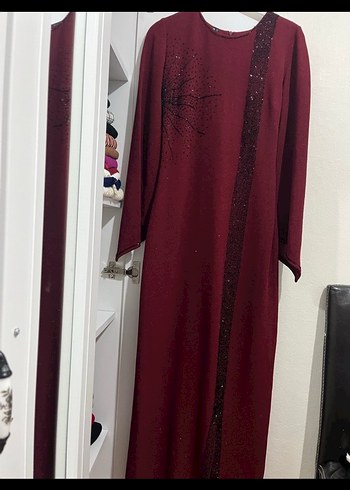 Bordo Uzun Kol Nakışlı Kadın Elbise - Görsel 3