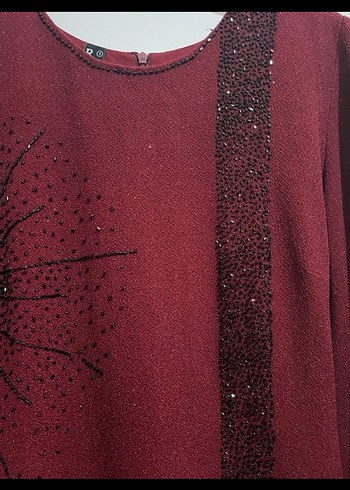 Bordo Uzun Kol Nakışlı Kadın Elbise - Görsel 5