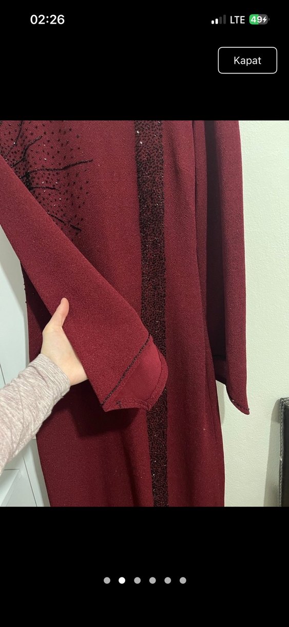 Bordo Uzun Kol Nakışlı Kadın Elbise - Görsel 4