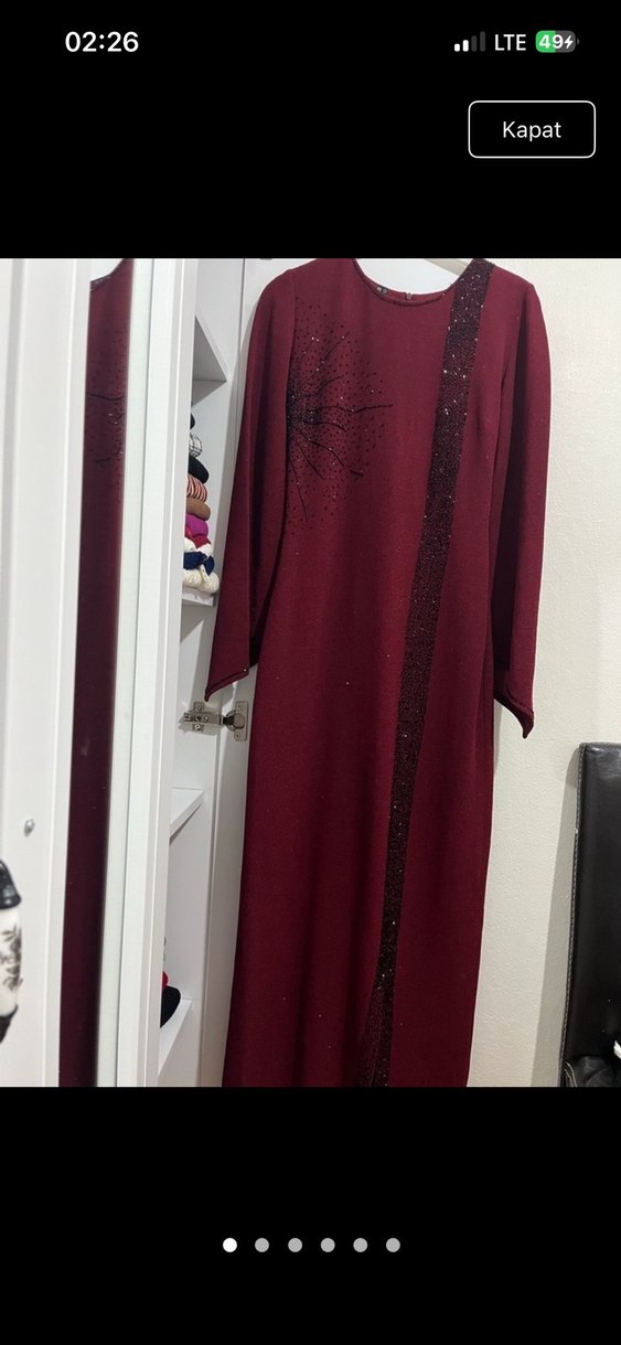 Bordo Uzun Kol Nakışlı Kadın Elbise - Görsel 3