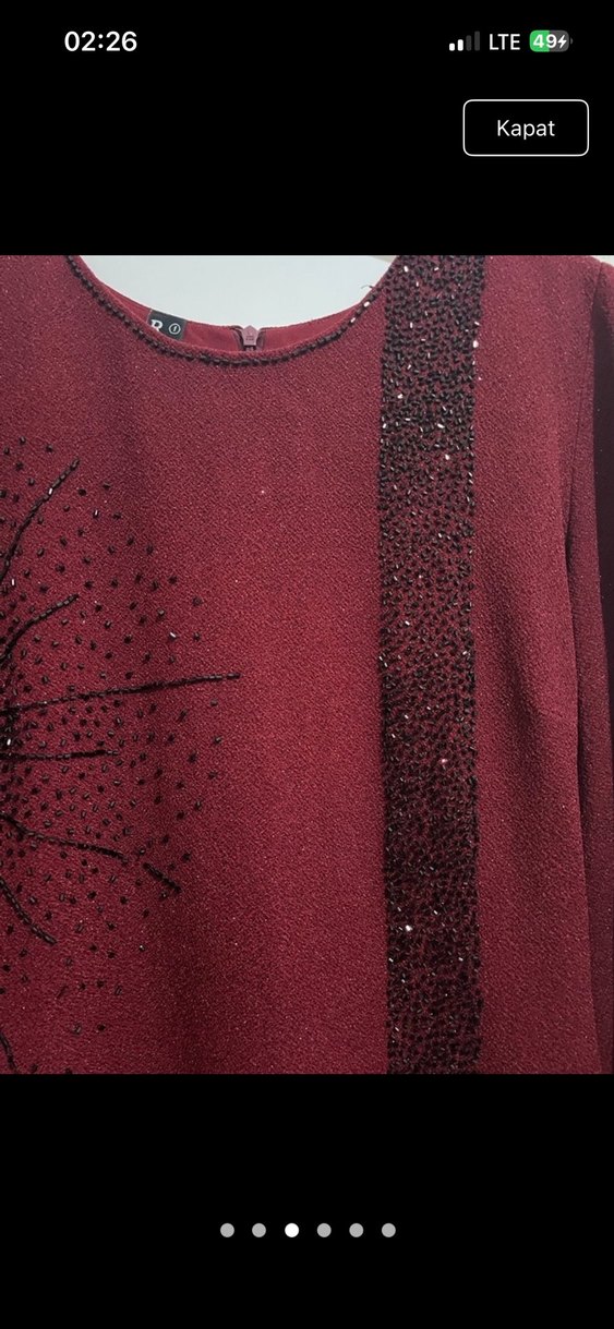 Bordo Uzun Kol Nakışlı Kadın Elbise - Görsel 5