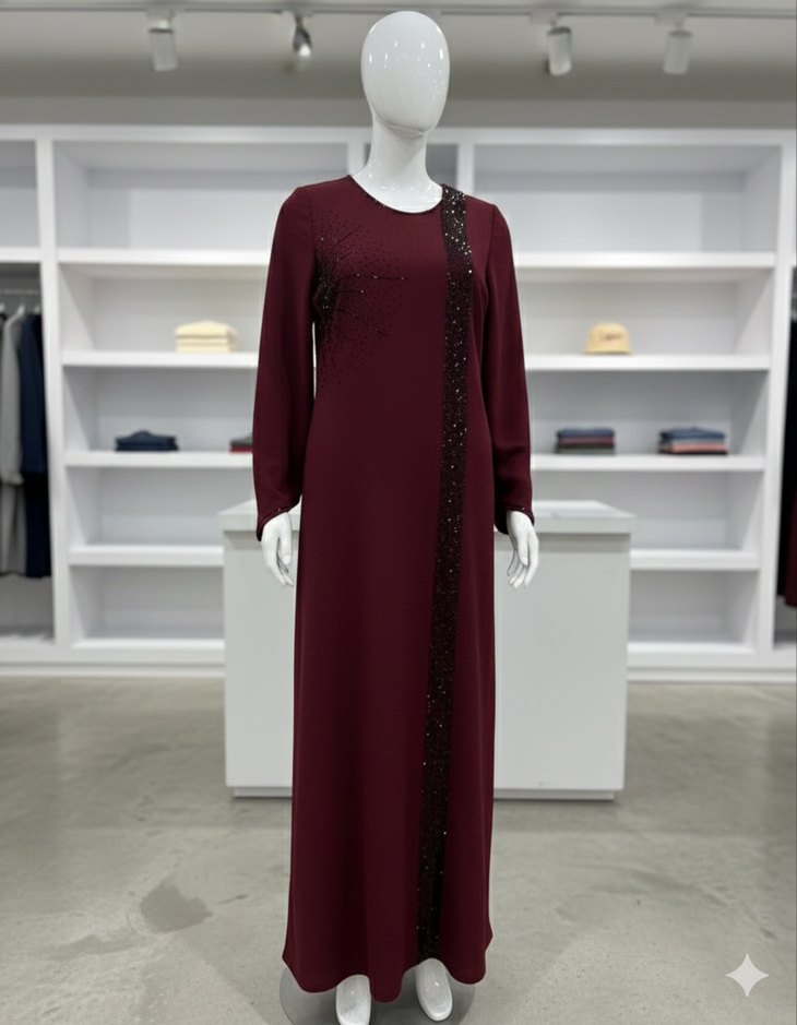 Bordo Uzun Kol Nakışlı Kadın Elbise - Görsel 2