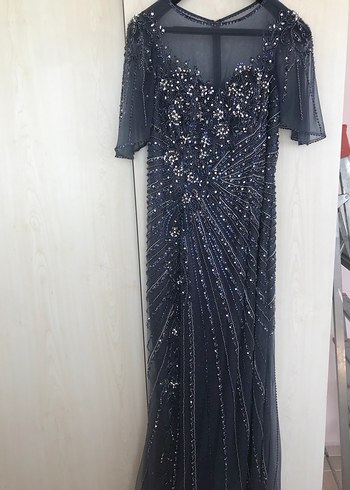 Pul  taş işlemeli koyu gri Abiye Elbise - Görsel 8