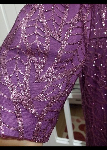 Uzun Kollu Dantel İşlemeli Mor Abiye Elbise - Görsel 2