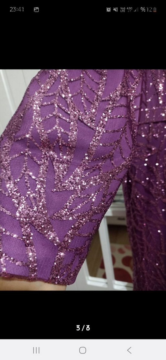 Uzun Kollu Dantel İşlemeli Mor Abiye Elbise - Görsel 2