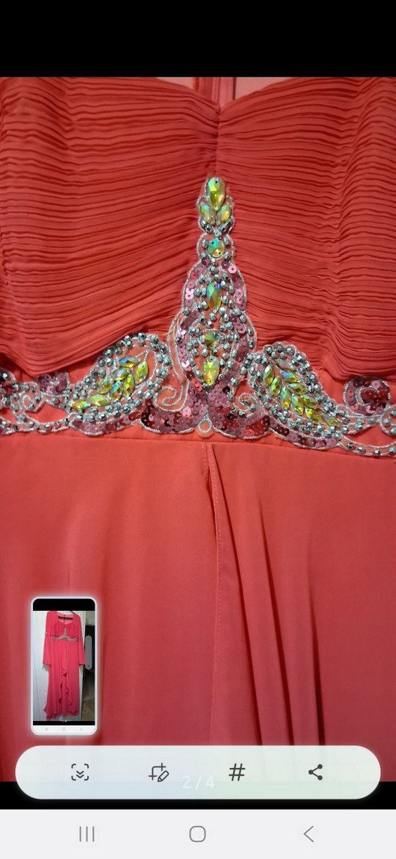 Pembe Nakışlı Uzun Kollu Drapeli Abiye Elbise - Görsel 3