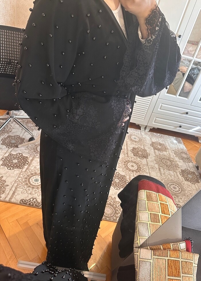 Boncuklu Siyah Abaya - Görsel 2