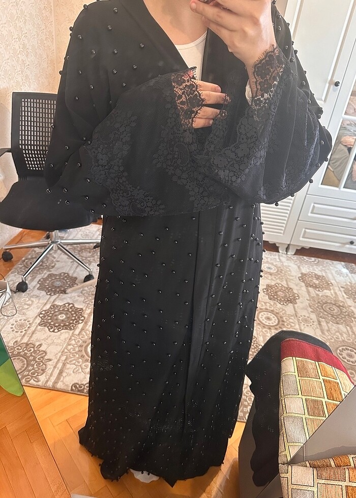 Boncuklu Siyah Abaya - Görsel 3