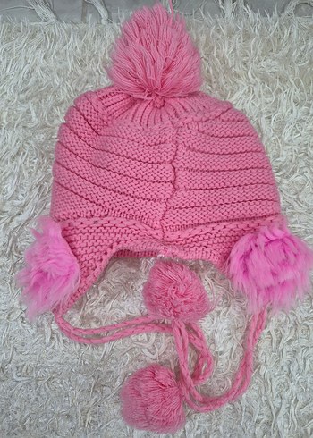 Çiçek İşlemeli Pembe Örgü Çocuk Bere - Görsel 3