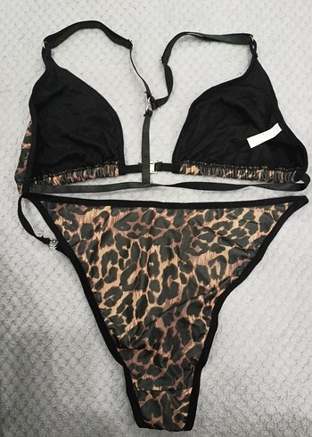 xl Beden kahverengi Renk Leopar desenli iç çamaşırı takımı