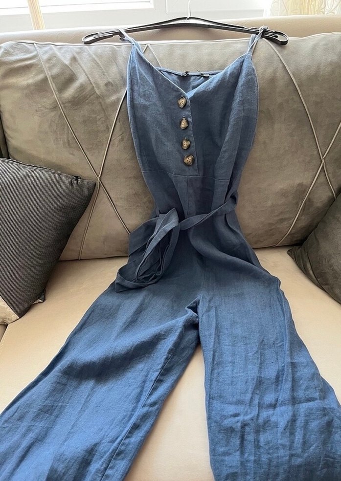 Düğmeli Lacivert Denim Tulum - Görsel 2