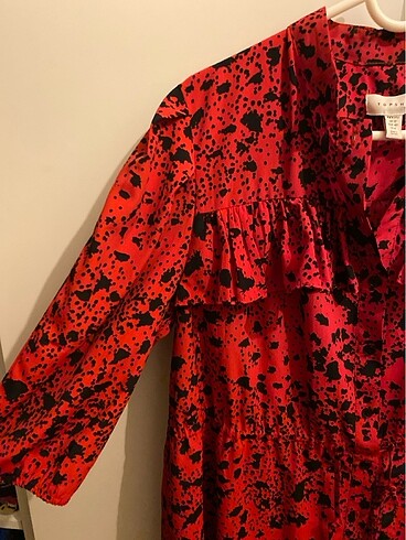 Topshop Kırmızı Desenli Fırfır Detaylı Tunik Gömlek