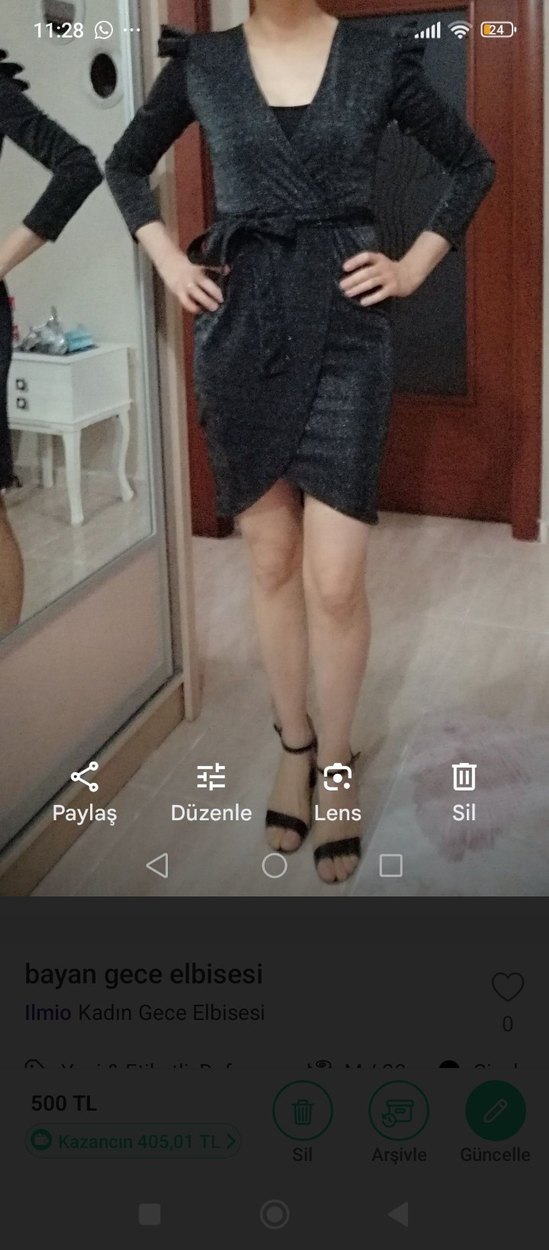 Gri Kemerli Midi Elbise V Yaka - Görsel 3