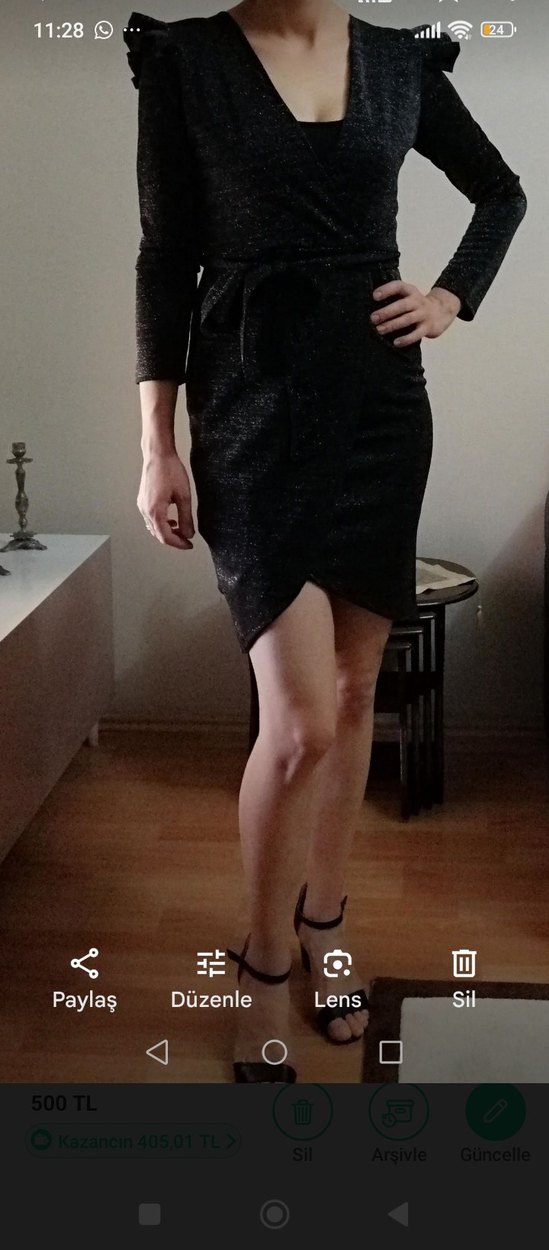 Gri Kemerli Midi Elbise V Yaka - Görsel 2