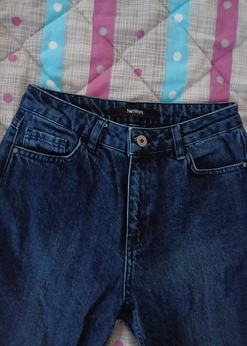 Kadın Koyu Mavi Düğmeli Normal Kesim Denim Jean